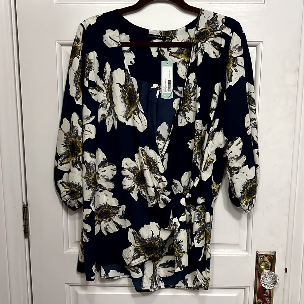 Sunflower print wrap blouse